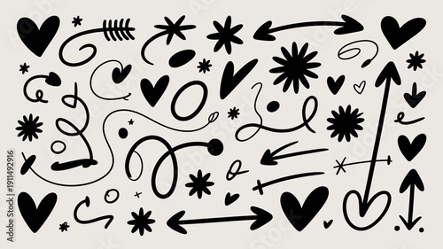 A playful assortment of hand drawn black shapes including hearts stars arrows swirls and abstract lines scattered across a light beige background high quality professional detailed