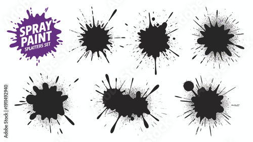 A collection of black spray paint splatters and bursts on a white background with a purple spray paint banner high quality professional detailed modern elegant stylish