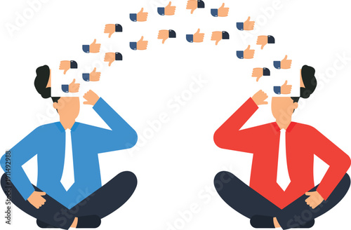Businessmen debating feedback exchange opinion conflict social media customer review disagreement concept two people digital communication survey results like dislike business discussion