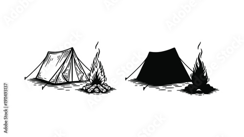 Tent vector illustrations with campfire in different styles and colors