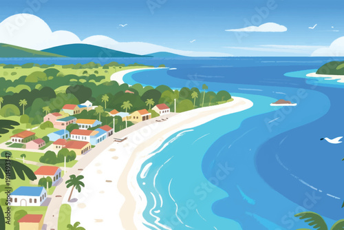 Tropical coastal village with colorful houses, palm trees, turquoise ocean, sandy beach, boats, and rolling hills under clear sky.