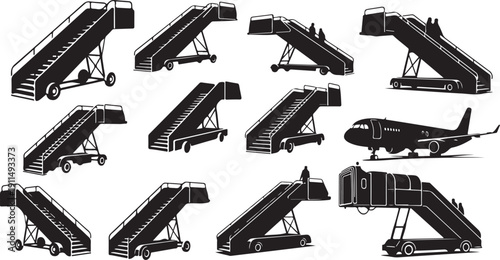 Airplane boarding stairs in various positions and angles illustration