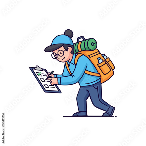 Cartoon traveler planning route carrying backpack checklist isolated