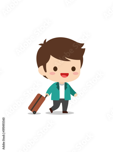 Cartoon traveler walking with suitcase on black background