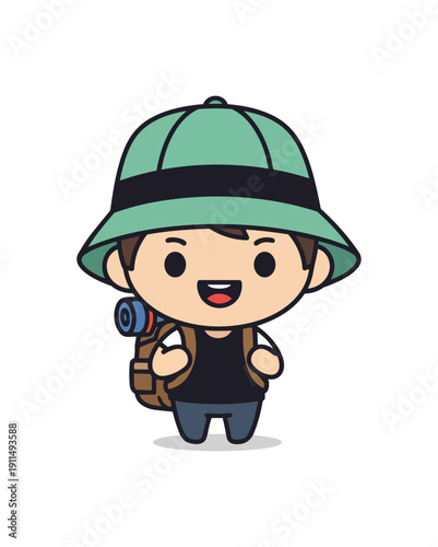 Cartoon traveler with backpack and hat against black background
