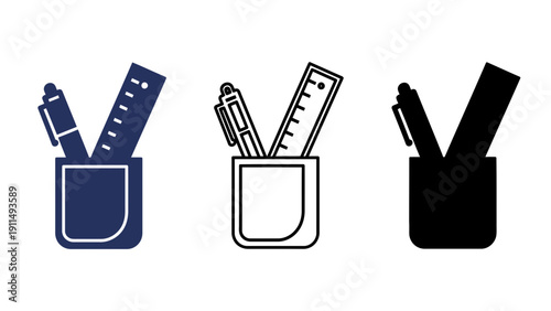 Pencil holder icon with pen and ruler in different colors and styles