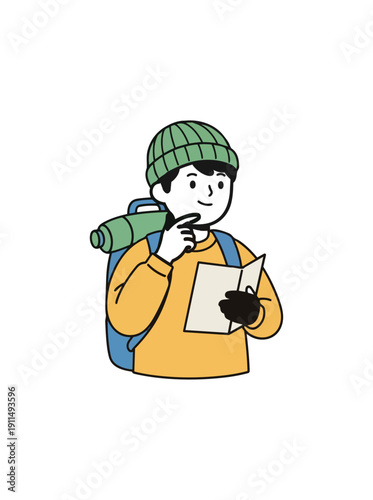 Cartoon traveler with backpack examining map on black background