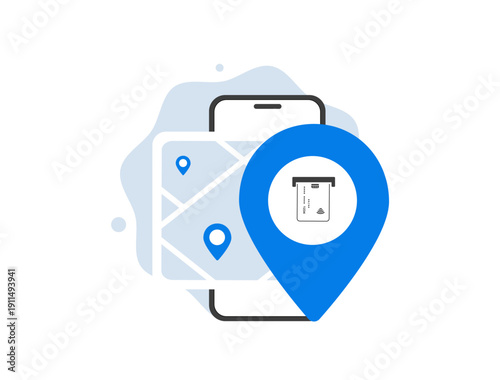 ATM location pin with bank card concept. GPS atm locator for location-based payments, digital banking navigation concept, modern flat finance UI isolated on white background vector illustration