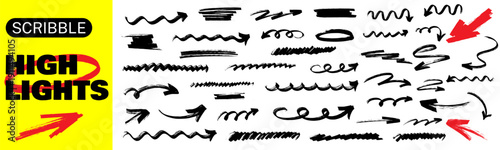 Creative line shapes on paper with marker highlight strokes, soft underline lines and arrow direction, clean marker highlight look with underline flow.