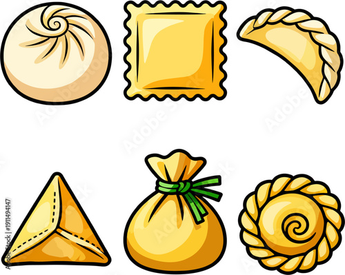 Dumpling Assortment Icon Set — Cute Cartoon Asian Food & Pastry Clipart Collection