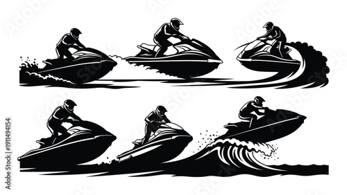 Six jet skis racing on a wavy sea with splashes and waves. Vector