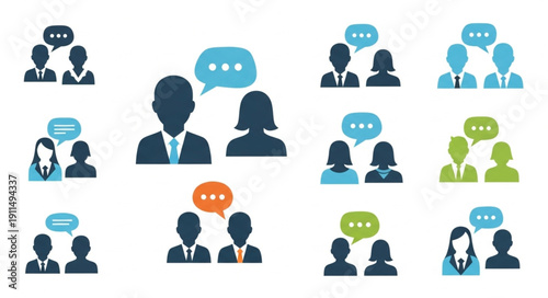 Set of communication icons representing people talking and discussing ideas.
