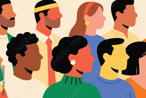 Stylized diverse group of people in profile view with varied skin tones, hairstyles, and clothing, modern flat design illustration.