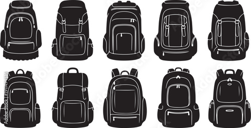 Collection of various black backpacks in different orientations shown