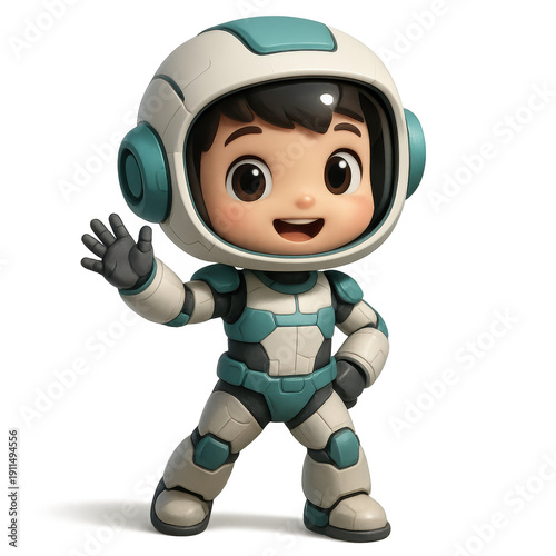 Cheerful Cartoon Astronaut Character in Teal and White Spacesuit Waving Hand.