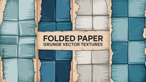 A digital illustration displays a torn paper frame around a checkered pattern of blue and gray squares with a grunge texture high quality professional detailed modern