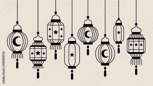 A series of decorative black lanterns hang against a pale beige backdrop featuring crescent moons and star cutouts high quality professional detailed modern elegant stylish clean