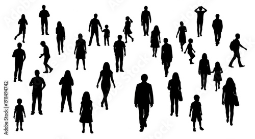 Diverse group of people silhouettes walking in different directions.