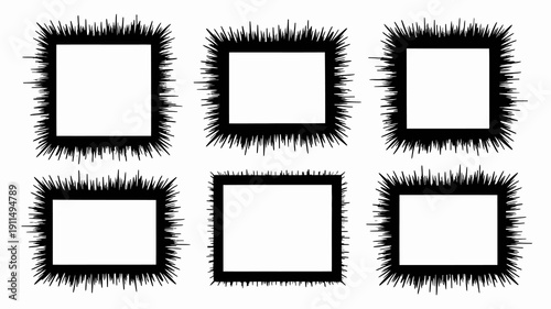 A minimalist graphic displays six square frames each outlined with a textured bushy and irregular black fringe high quality professional detailed modern elegant stylish clean crisp