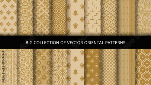 An array of seamless oriental patterns in shades of gold and beige ideal for backgrounds textiles and decorative design elements high quality professional detailed modern elegant