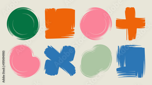 An arrangement of abstract brushstroke shapes in vibrant colors circles squares plus signs and x s against a pale background high quality professional detailed modern elegant