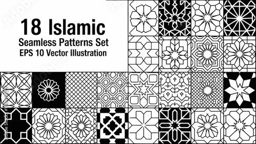 A collection of eighteen black and white islamic seamless patterns displayed in a grid arrangement showcasing intricate geometric designs high quality professional detailed modern elegant stylish
