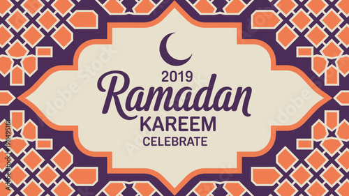 A decorative ramadan kareem greeting card features a crescent moon ornate patterns and celebratory text in a purple and orange color scheme high quality professional detailed