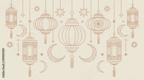 An elegant illustration showcases a collection of ornate hanging lanterns crescent moons and stars in a warm muted color palette high quality professional detailed modern stylish