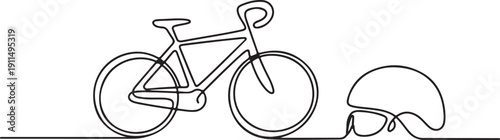 continuous line art drawing of bicycle and helmet cycling safety concept vector illustration