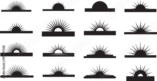 Sunrise Silhouette Graphics with Various Ray Effects and Styles