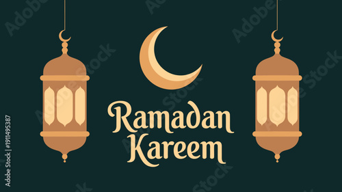 A festive ramadan kareem illustration features a golden crescent moon flanked by ornate lanterns creating a warm and celebratory atmosphere high quality professional detailed modern elegant