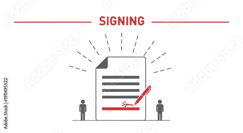 Signing a document with two people standing on either side in a simple line art style