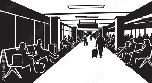 Travelers in airport terminal waiting area with luggage and seats
