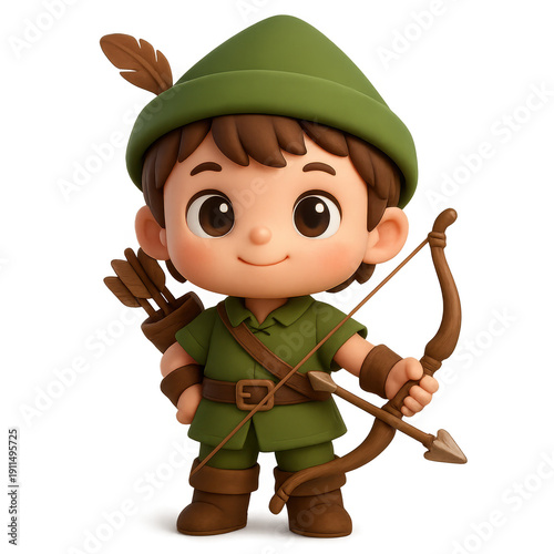 Cartoon Robin Hood: Cute 3D Character with Bow and Arrow Green Outfit and Feathered Hat.