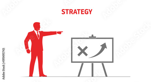 Businessman pointing to a strategy board with an arrow and x mark