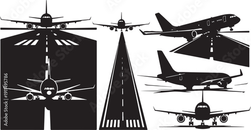 Airplanes Silhouettes in Various Flight Positions and Angles Illustration