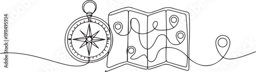 One line location. Hand drawn travel compass, journey route map and pin icon. Geography and tourism.one line icon illustration with white background