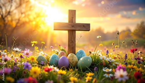 A serene easter scene with a wooden cross surrounded by colorful eggs and blooming flowers.