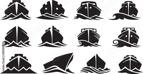 Set of black and white ship icons on water