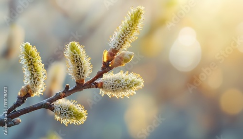 Close up of willow catkins in early spring with a blurred background