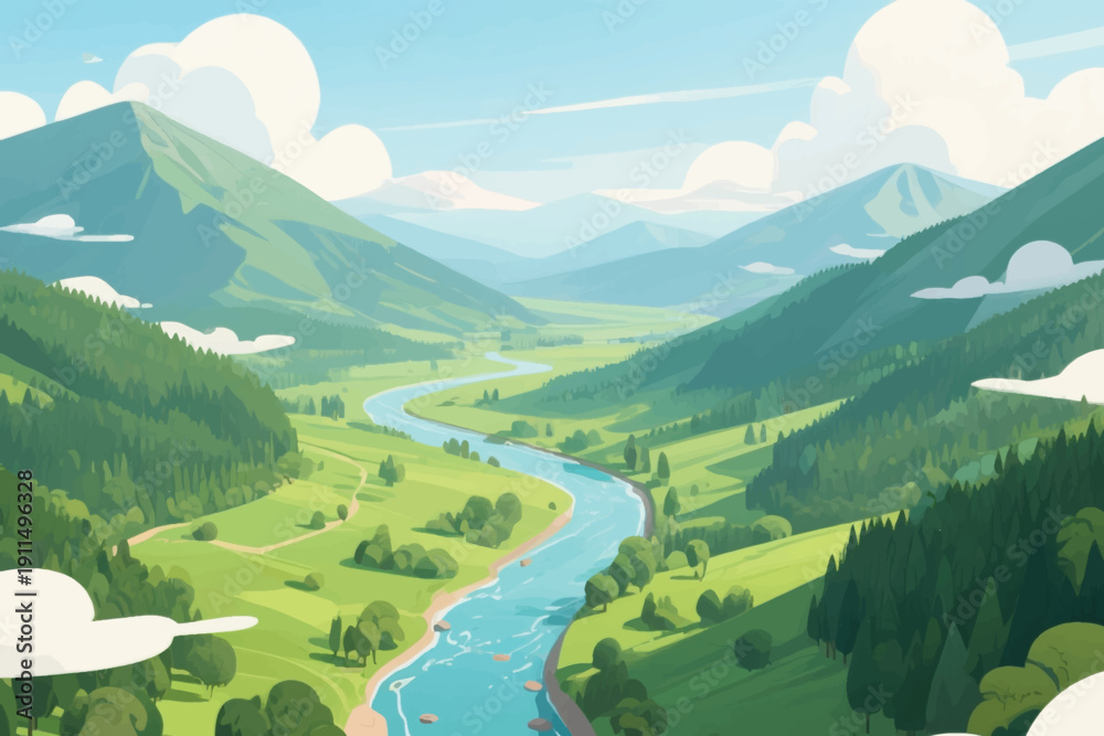 Fototapeta premium Green valley landscape with winding river, forested mountains, clear sky, and serene natural scenery.