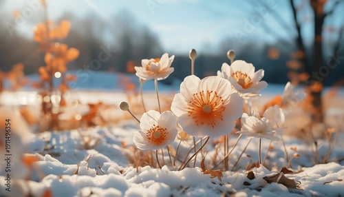 Delicate flowers bloom amidst a blanket of pristine white snow in a serene winter landscape