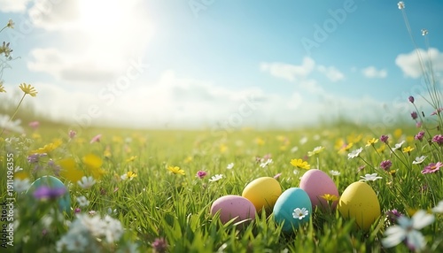 Vibrant easter eggs nestled in a blooming meadow under a clear blue sky