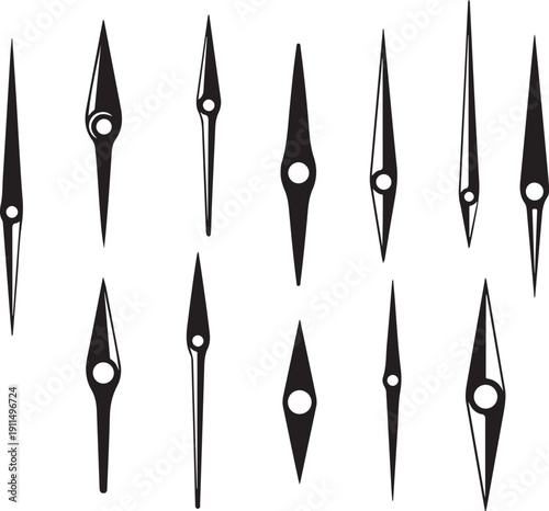 Collection of black sewing needles on white background illustration