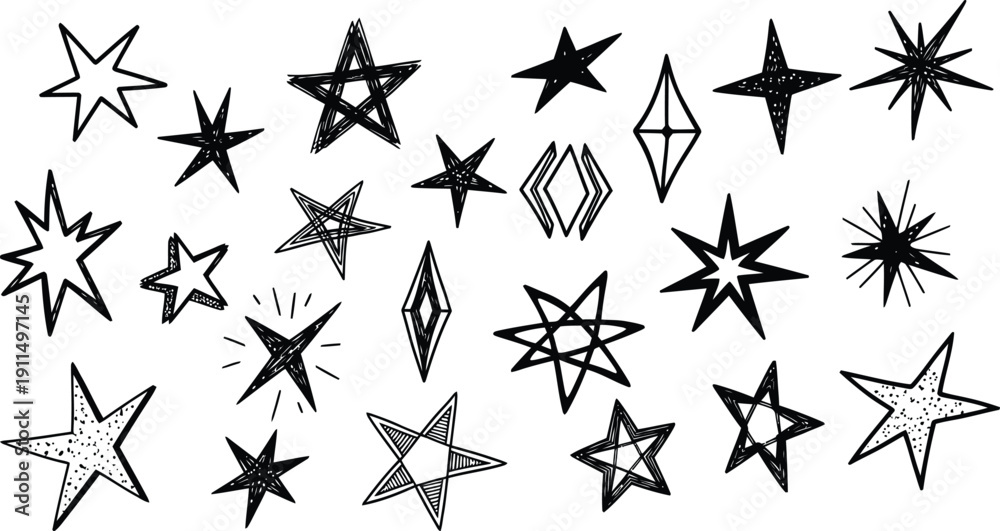 Fototapeta premium Collection of various star shapes and designs in black and white