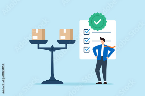 Flat illustration of businessman reviewing balanced product boxes on scale with checklist approval board quality control audit evaluation and certification compliance