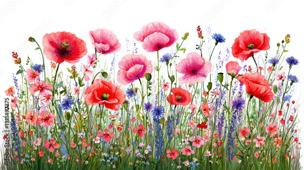 Obraz premium A vibrant field of blooming wildflowers including red poppies and various purple, pink, and blue flowers against a white background.