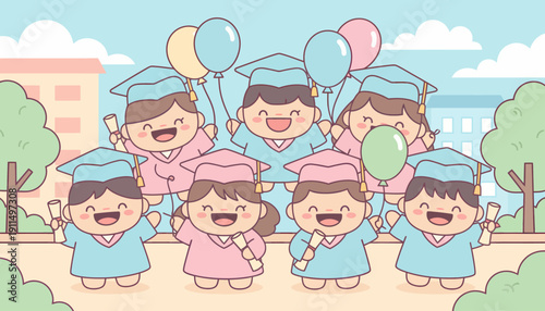 Children in Graduation Caps and Gowns.