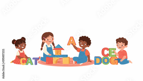 Children Playing with Alphabet Blocks Together.
