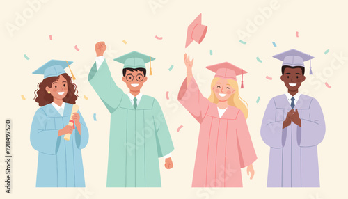 Graduates in caps and gowns celebrating achievement.